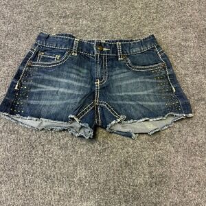 Cache Jean Shorts Womens Size 2 Blue Studded Low Rise Cut Off Denim Raw Hem Flaw